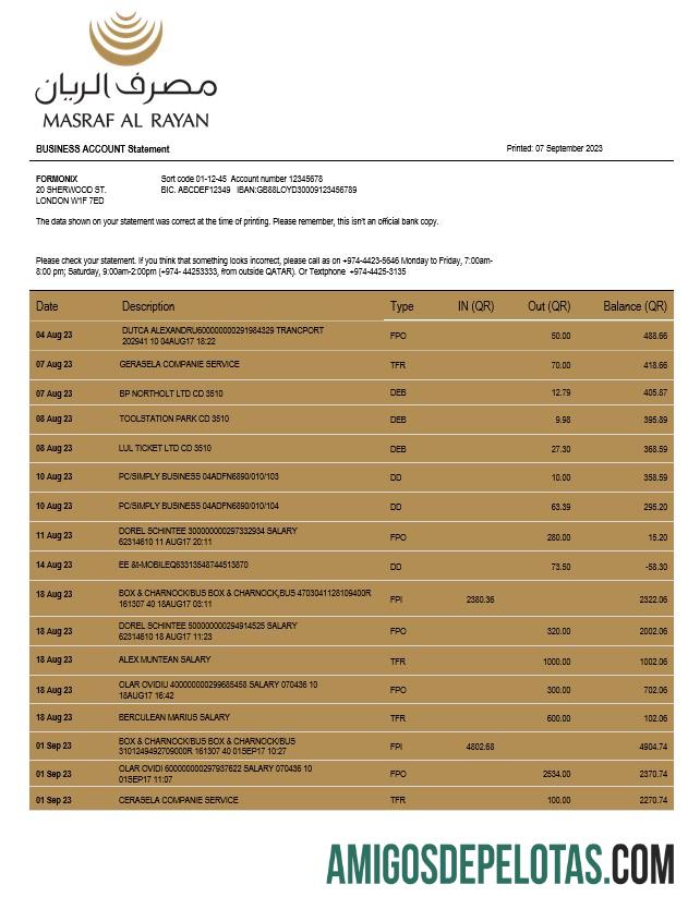 Em branco Masraf Al Rayan empresa bancária extrato de conta corrente modelo Word e PDF